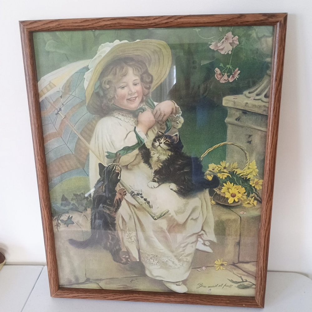 Vintage Framed Wall Print Playful Kittens Arthur John Esley 1890s Victorian...